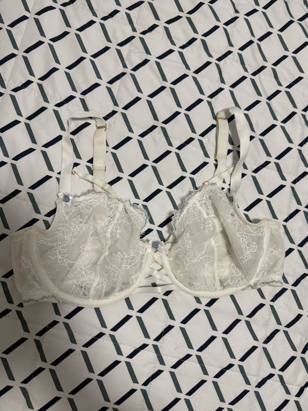 Cacique Ivory Lace Underwire Balconette Bra with Blue Accent